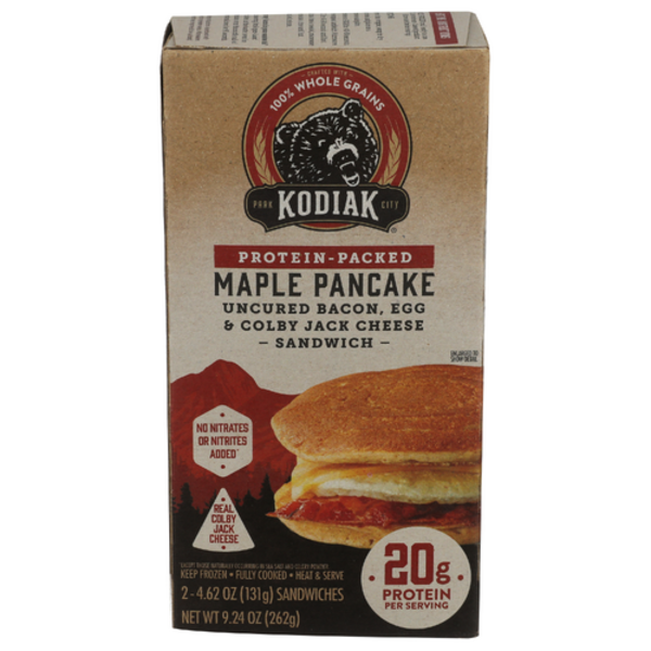 Kodiak Cakes Maple Pancake, Uncured Bacon, Egg & Colby Jack Cheese Breakfast Sandwich