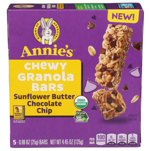 Annie's Homegrown Organic Sunflower Butter Chocolate Chip Chewy Granola Bars 5 Pack
